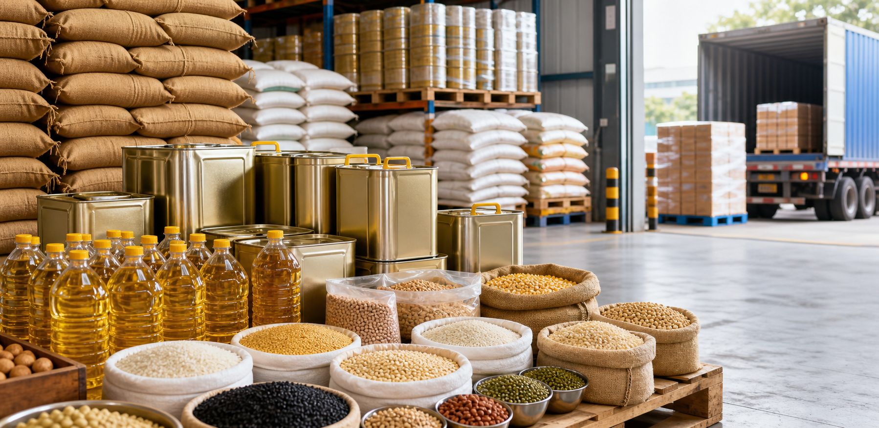 Bulk agro commodities and edible oil ready for distribution